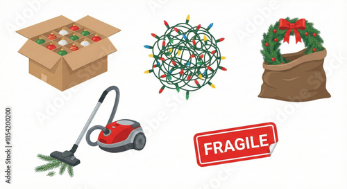 Managing festive decor and the inevitable post-holiday cleanup, featuring storage, lights, and tidying tools for a well-organized home
