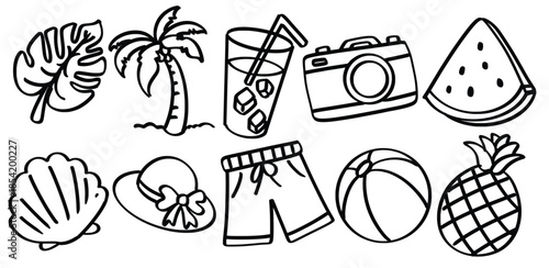 Set of hand drawn beach scene theme Isolated Vector