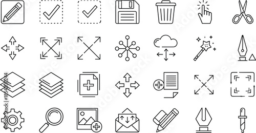 Editing Tool Icon Set Featuring Pencil, Trash, Floppy Disk, Layers, Magnifying Glass, Settings Gear, Magic Wand, Scissors, and Interface Design Symbols