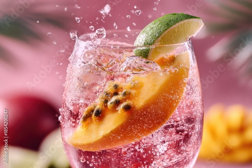 Dynamic Angled Shot of Sarti Spritz Garnished with Passionfruit and Lime Slice in a Pink Sparkling Drink for Summer Parties, Outdoor Lounges, and Modern Aperitif Moments