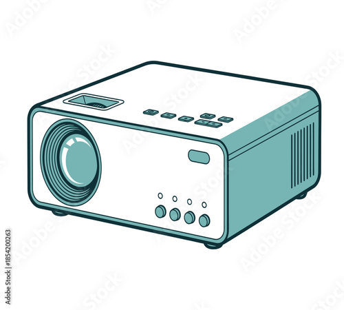 A simple illustration of a teal and white digital projector a device for displaying visuals