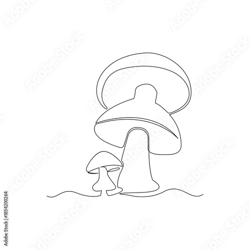 Mushroom family in a continuous line art style for nature concept