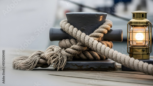 Nautical rope tied around a dock cleat with a lantern nearby  