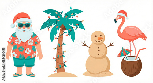 Merry Christmas From The Tropics Santa, Palm Tree, Snowman & Flamingo