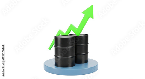 Oil barrels rise on upward trending green arrow indicating market growth