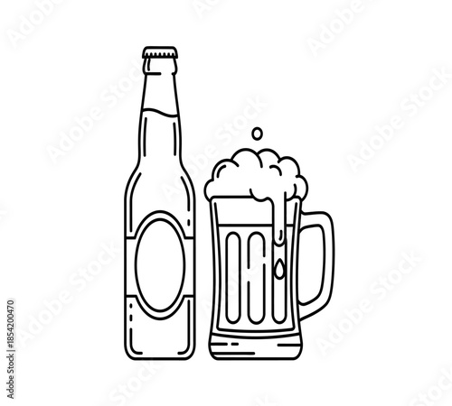 Simple line drawing of a beer bottle and a frothy glass of beer side by side