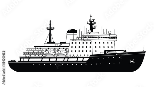 Detailed black and white illustration of a large passenger cruise ship at sea