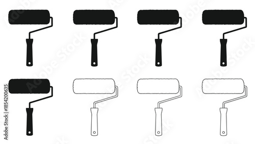 Variety of paint rollers in black and white isolated on a white background