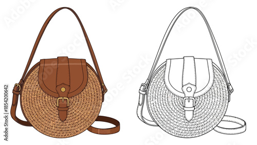 Sketch of two round shoulder bags one colored and one in grayscale