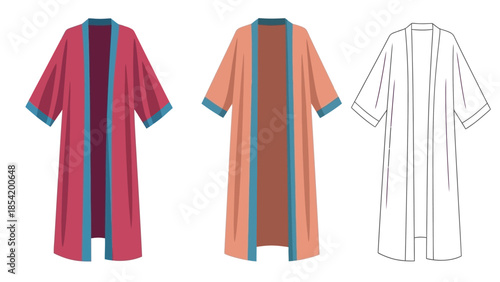 Three variations of long open front robes in different colors and styles