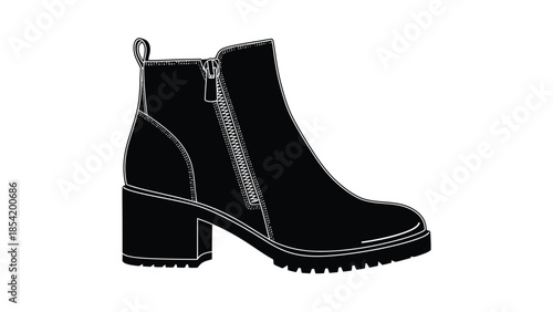 A black and white illustration of a stylish ankle boot with a chunky heel