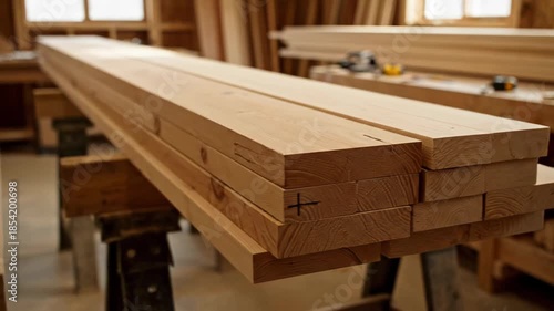 Stacked wooden beams resting on sawhorses inside a carpentry workshop. Cut and measured timber prepared for a construction project