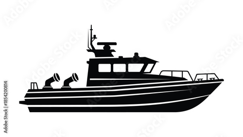 A sleek black silhouette of a fishing boat on a white background