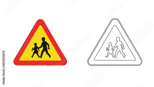 School crossing warning sign colored and outline versions displayed side by side
