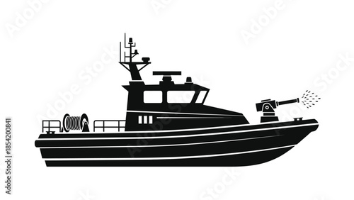 A black silhouette of a firefighting boat with a water cannon