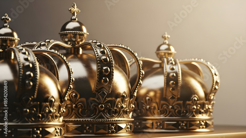 Three golden crowns with intricate design on soft light background  