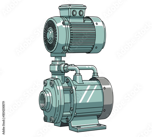Detailed illustration of a teal colored industrial electric motor and pump assembly