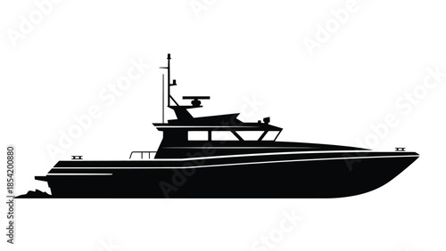 Silhouette of a sleek motorboat with a flybridge and detailed structure