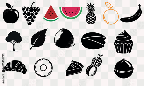 Silhouette of various fruits and desserts isolated on transparent background
