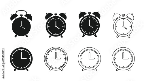 A collection of various black and white alarm clock icons and designs