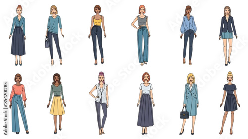 Collection of diverse women's fashion illustrations showcasing a variety of contemporary outfits and styles for different occasions