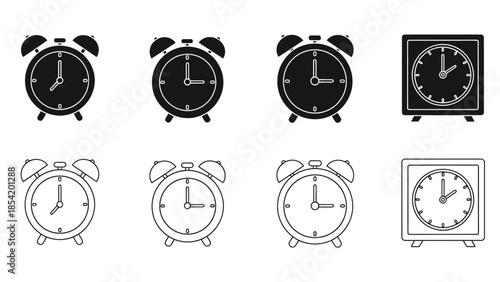 Collection of black and white alarm clock and wall clock icons
