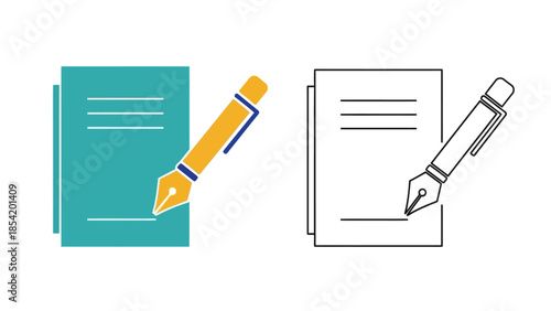 Book and pen icons in color and outline styles for document work