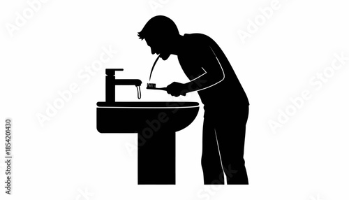 Silhouette of a person brushing their teeth in the bathroom.