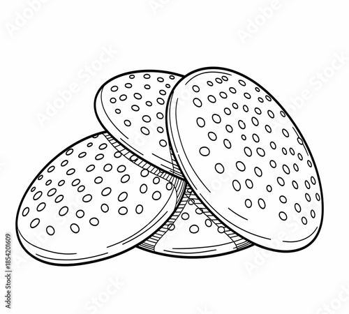 A simple sketch illustration depicts two round dotted burger patties stacked slightly overlapping