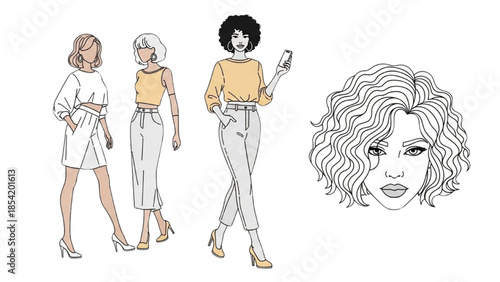 Fashionable Women's Line Art Collection Showcasing Diverse Styles and Modern Attire