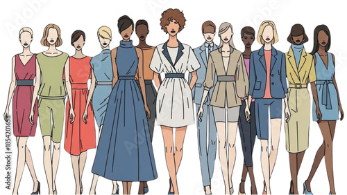 Vector illustration of a diverse group of fashion models in a stylish clothing collection