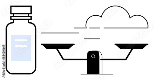 Health decisions, medical research, pharmaceutical balance, ethical healthcare, treatment choices, sustainability. A bottle and scales alongside a cloud symbol. Health decisions and pharmaceutical