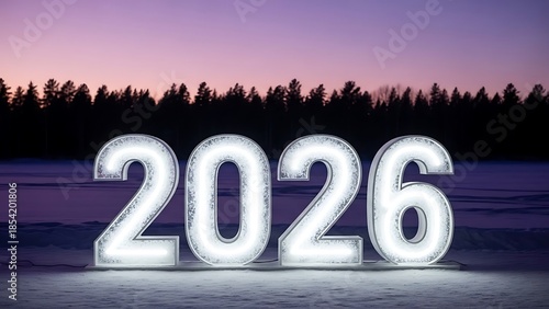 Wallpaper Mural Glowing 2026 sign on a frozen lake at dusk with a forest background Torontodigital.ca