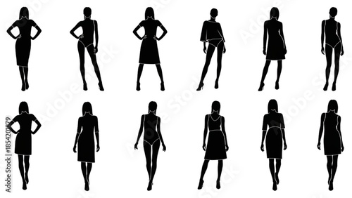 Collection of diverse female fashion silhouettes showcasing various poses and attire concepts for design