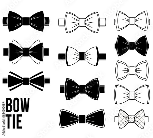 Collection of stylish bow ties in black and white various shapes and designs displayed