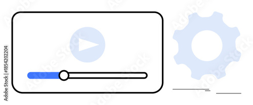 Video player screen with play button, progress bar, and settings cogwheel. Ideal for technology, software, customization, media, user interface streaming and video tutorials. Clean flat metaphor
