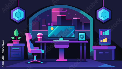 Futuristic esports gaming room with neon lights, computer setup, digital screen and modern interior