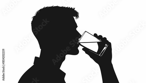 Silhouette of a man drinking water from a glass on a white background.