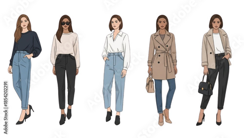 Collection of stylish female fashion outfits displayed on mannequins