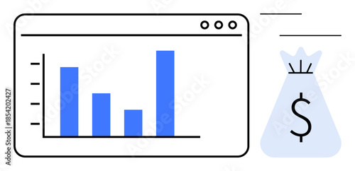 Bar chart highlighting financial data next to a money bag representing profits or savings. Ideal for business strategy, financial growth, investment, savings, analytics, commerce, and economic trends