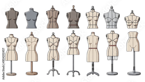 Comprehensive collection of various female dress forms and mannequins for fashion design and display purposes