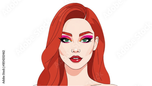 Beautiful red-haired woman with vibrant, colorful eyeshadow and glamorous makeup illustration