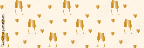 gold champagne glasses and hearts seamless pattern on cream background for luxury wedding celebration valentines day anniversary and new year party decor