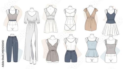 Fashionable Women's Clothing Collection Flat Sketch Design