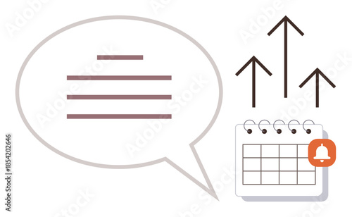 Dialogue bubble with text, a calendar with notification icon, and upward arrows. Ideal for productivity, planning, goal setting, teamwork, deadlines scheduling success. A simple flat metaphor
