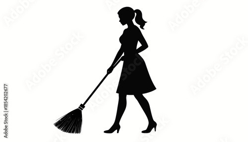 Silhouette of a woman sweeping with a broom, cleaning service concept.