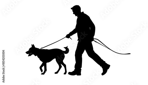 Silhouette of a man walking a dog on a white background.