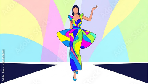 Vibrant Geometric Fashion Show A Stylish Woman Struts Down the Runway in a Colorful Artistic Dress