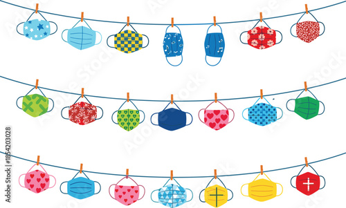 Colorful medical face masks hanging on clotheslines, reusable fabric protection designs, pandemic hygiene safety concept, flat vector illustration