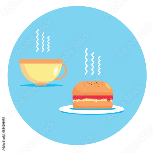 Vector illustration of a hot drink cup and a bun with butter and jam in flat style